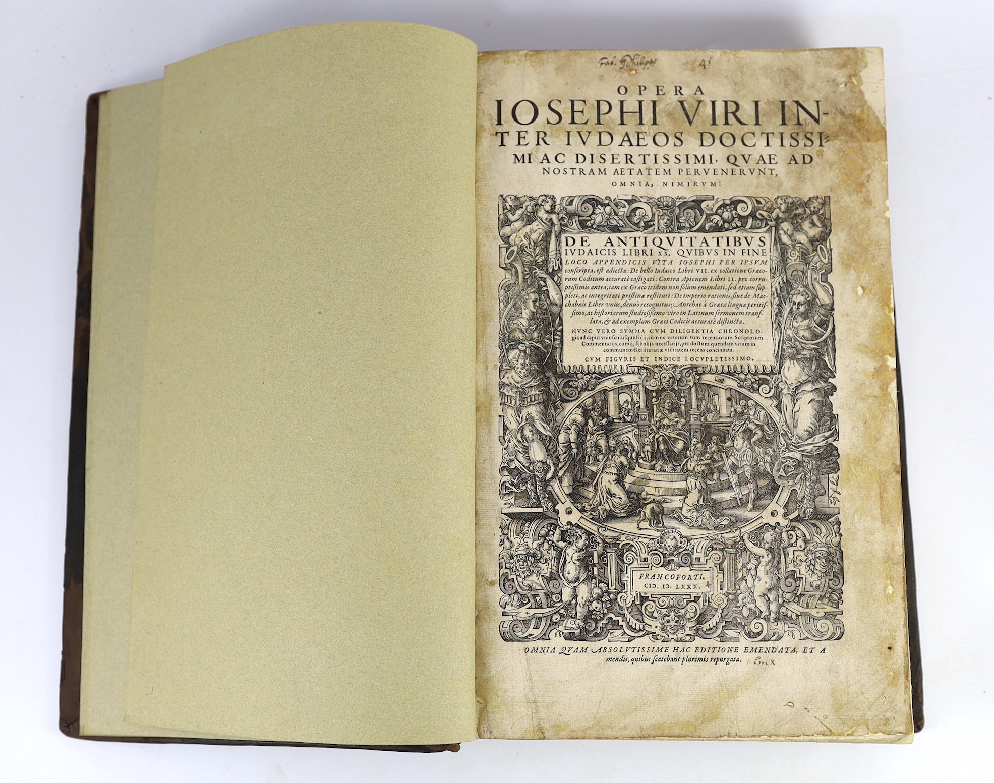 Josephus, Flavius - Opera ... omnia nimirum: De Antiquitatibus Iudaicis libri xx ... pictorial engraved title, full page text engraving and num. engraved illus., large pictorial colophon